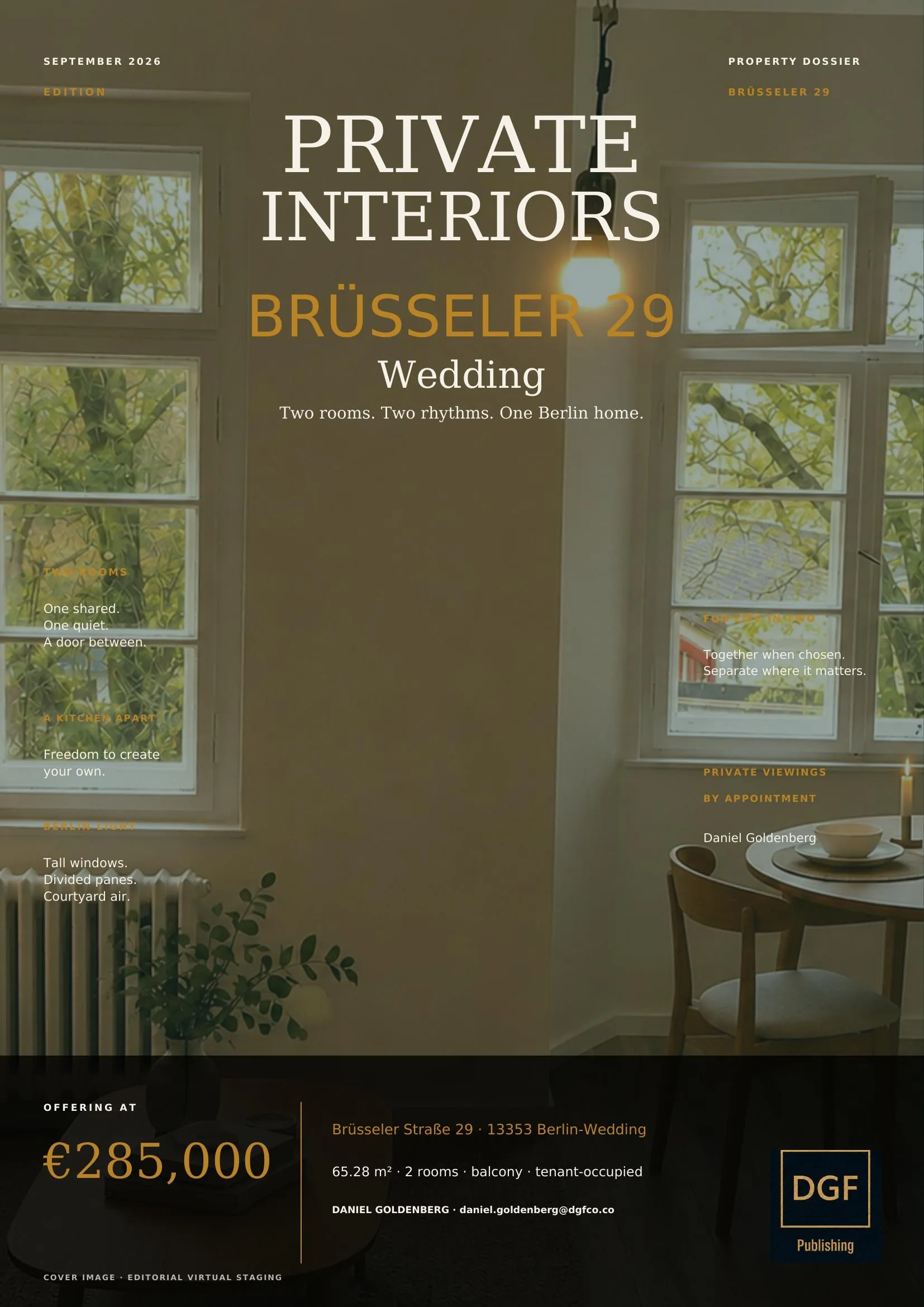 Brüsseler 29 — September 2026 Edition cover: a Berlin apartment interior with tall divided windows and warm autumn light.