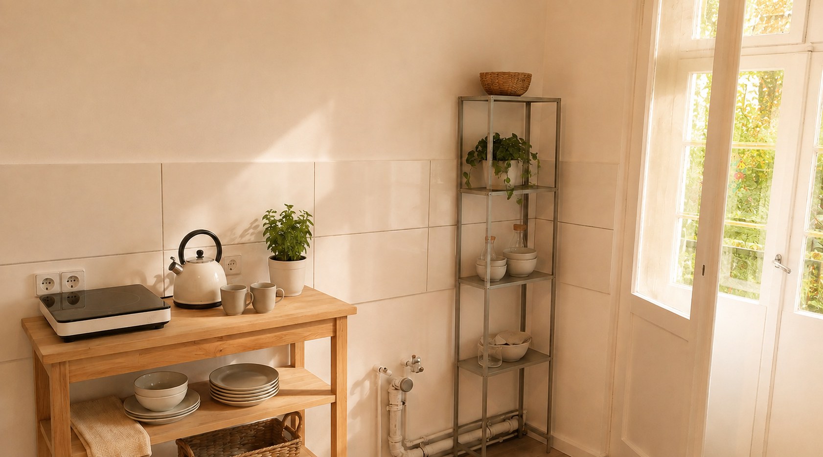 The kitchen room with a wooden table, plants and shelving against the tiled work wall.