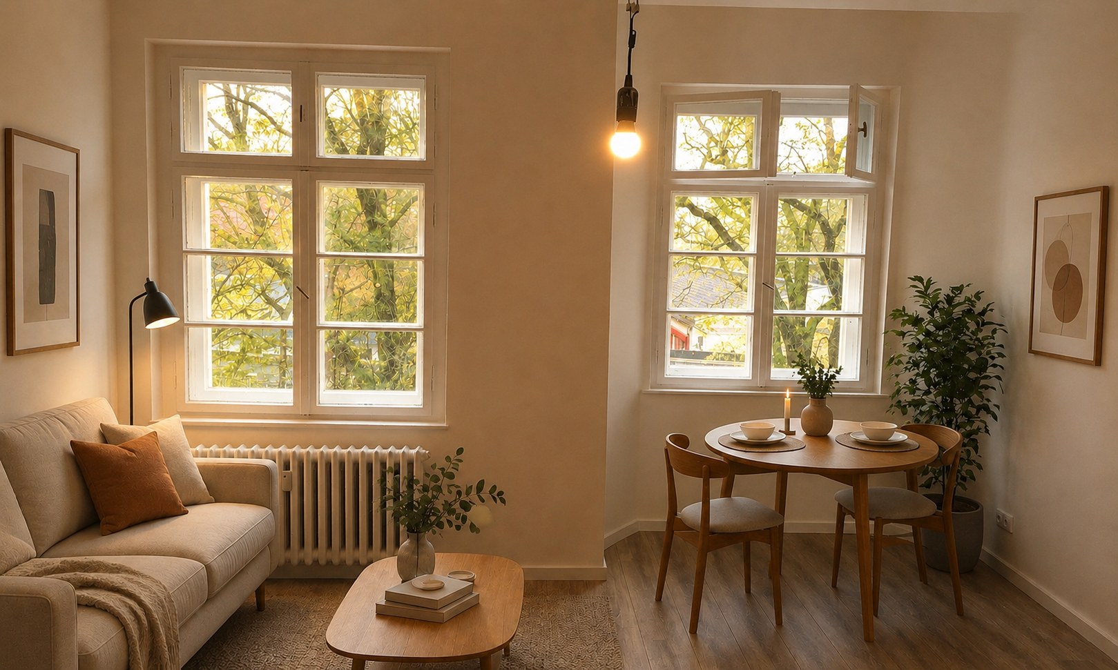 The principal living room with a sofa and a dining table set in front of two tall windows.
