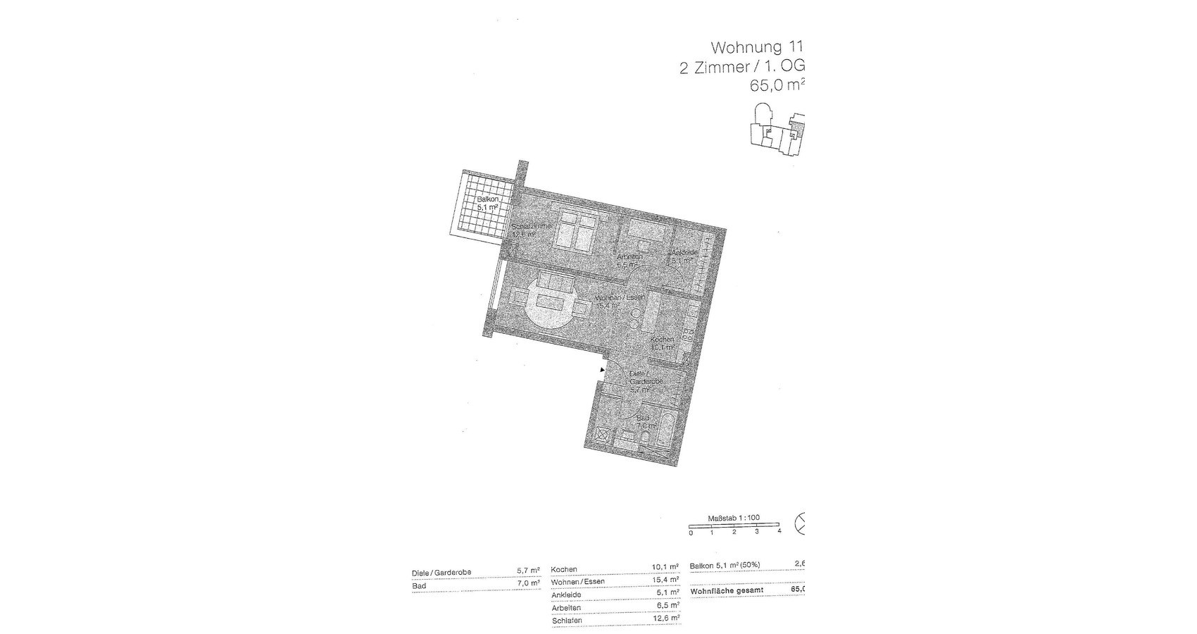 Historic floor plan of Wohnung 11: two rooms, 1. OG, 65.0 m², with balcony, kitchen, bathroom and hall.