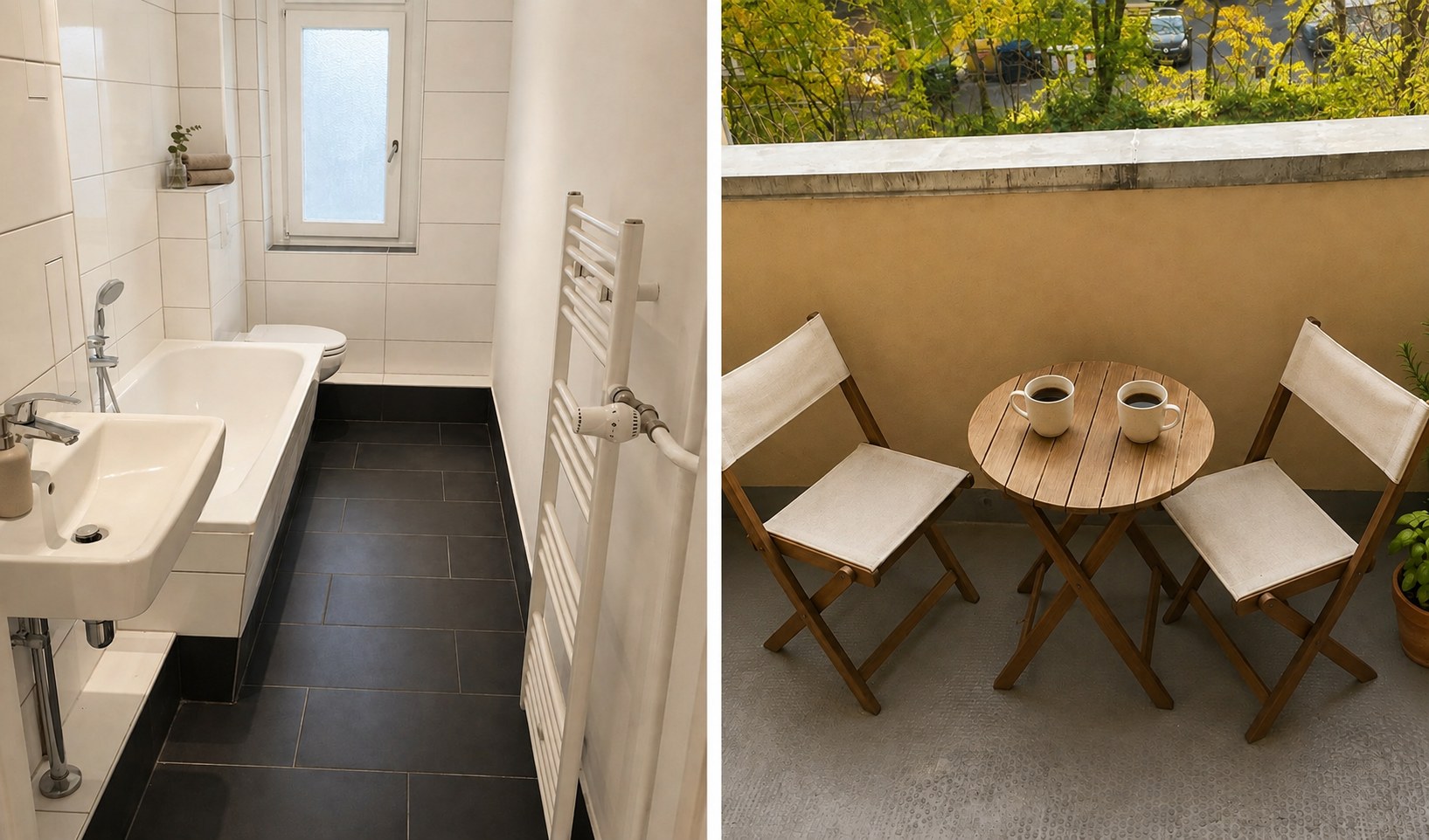The bathroom with white tile, dark floor, bathtub, basin and towel radiator, alongside the balcony with two folding chairs.