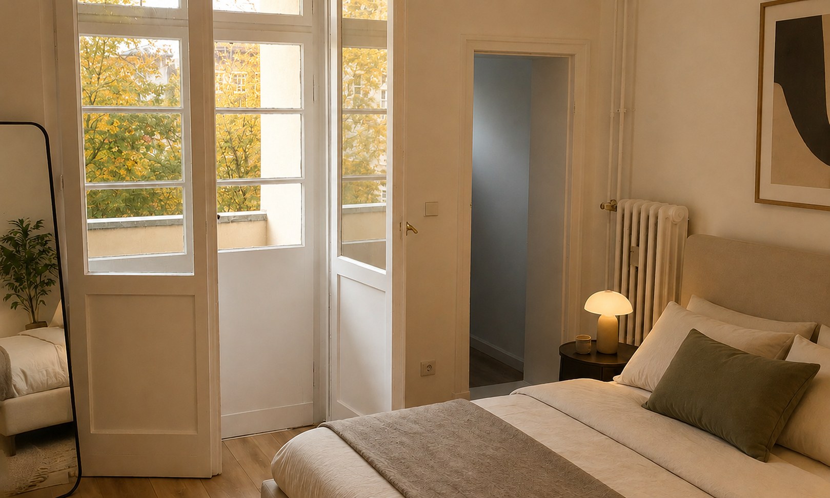 The second room, with a bed, lamp and the balcony door.