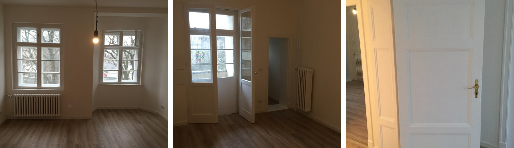 Documentary source photographs: a window, the balcony doorway and a door frame in vacant condition.