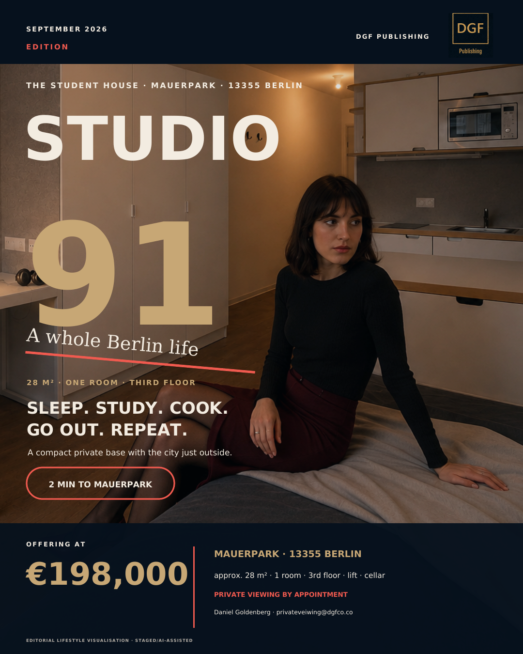 Studio 91 September 2026 Edition cover showing a woman seated on the bed inside the Berlin studio apartment.